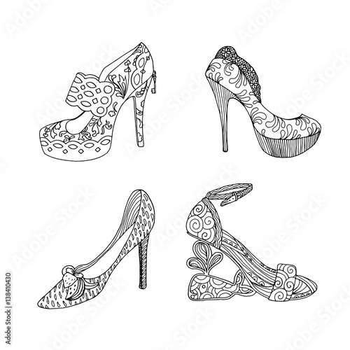 High-heeled shoes set for woman. Fashion footwear artwork in blackblack style pattern fill. Isolated clipart for coloring book pages design photo