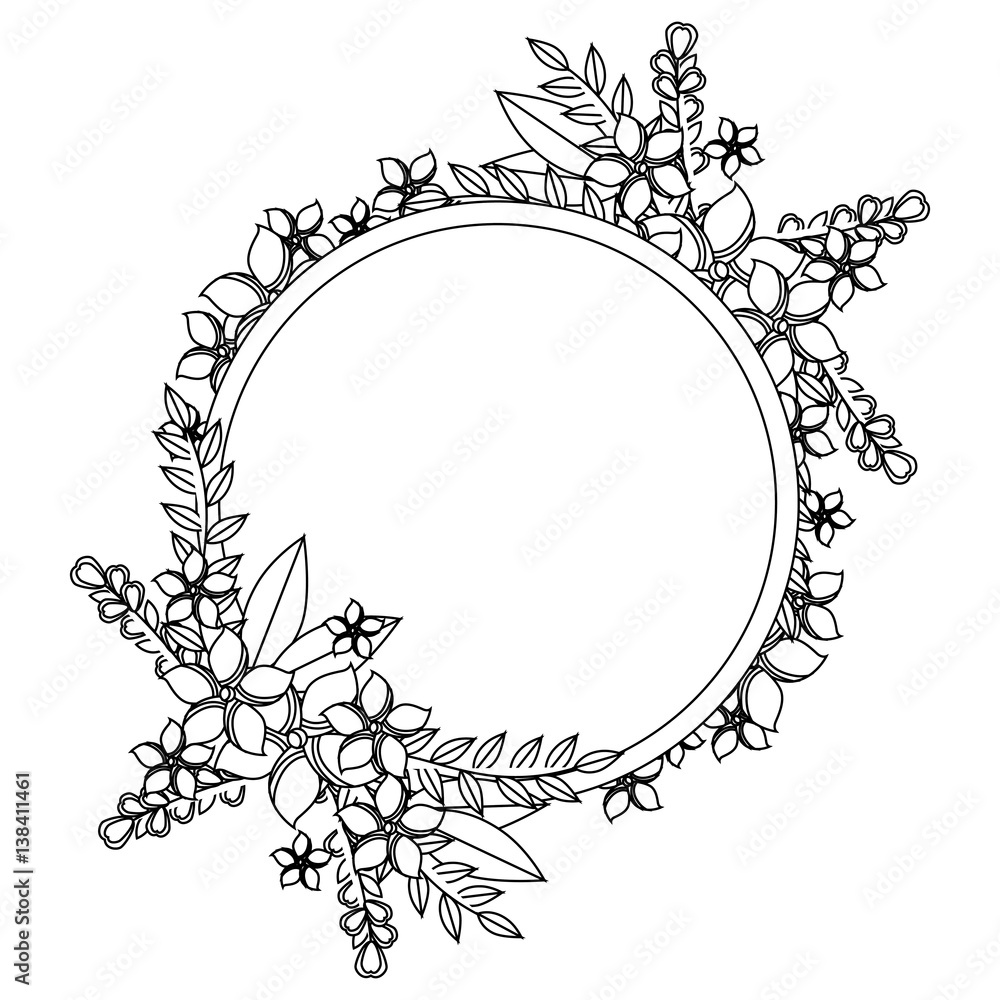 monochrome contour with circular frame ornament with floral bouquet and leaves vector illustration