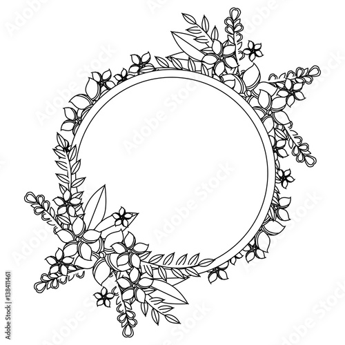 monochrome contour with circular frame ornament with floral bouquet and leaves vector illustration