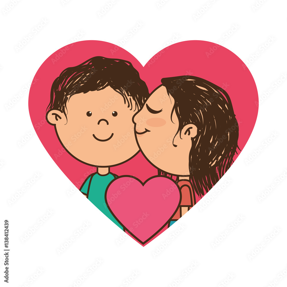 color silhouette with couple in heart frame and she kisses him vector illustration color silhouette with couple in heart frame and she kisses him vector illustration