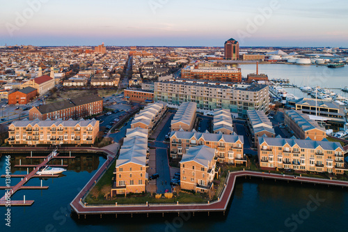Aerial view of the Canton Waterfront, in Baltimore, Maryland.