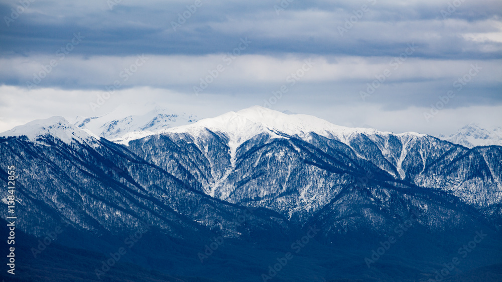 Winter mountains. View from the observation tower of Akhun mountain. Russia