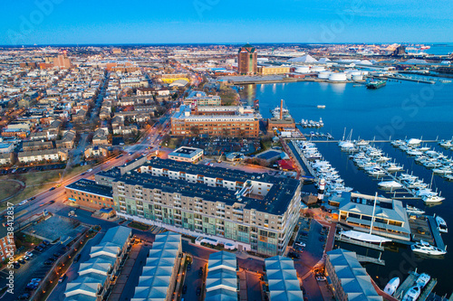 Aerial view of the Canton Waterfront at twilight, in Baltimore, Maryland.