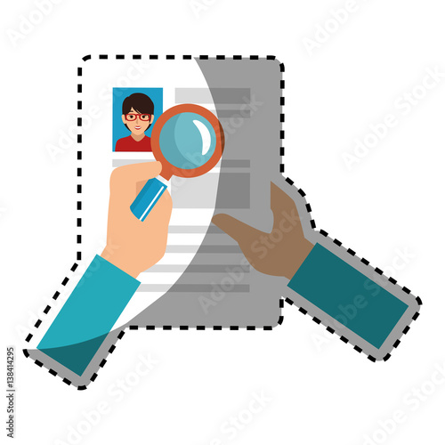 sticker search with loupe in woman file info with curriculum vitae sheet vector illustration