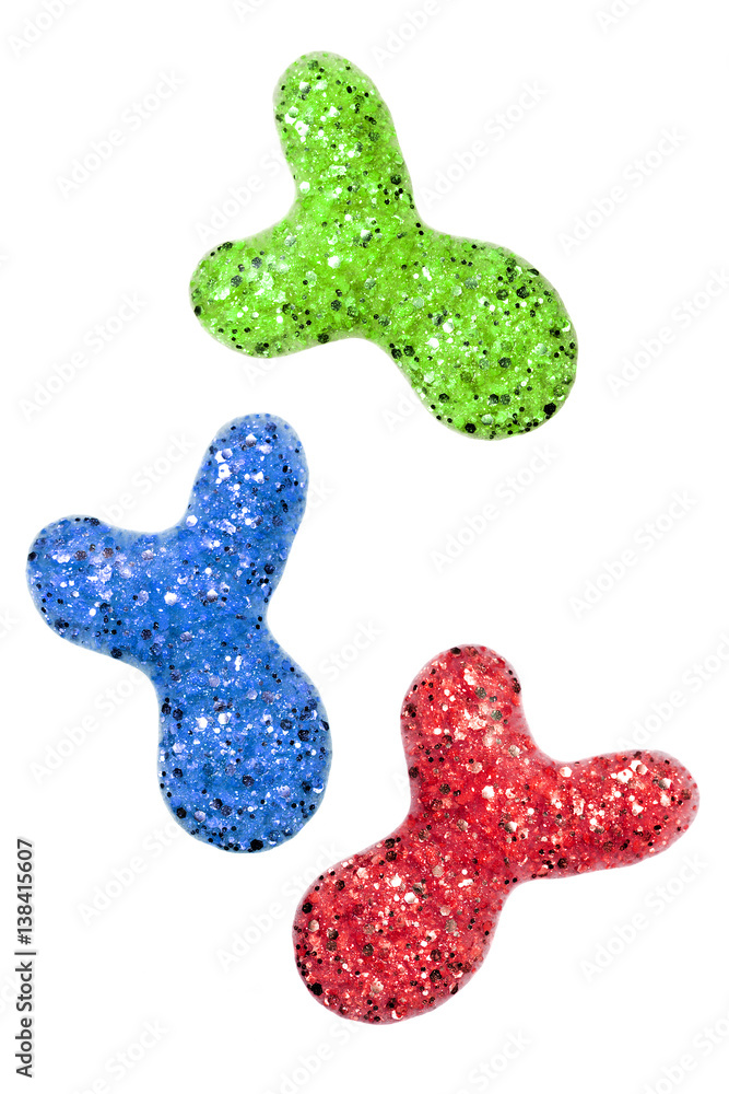 Blue,green and red color abstract shape nail varnish Blue,green and red color abstract shape nail varnish