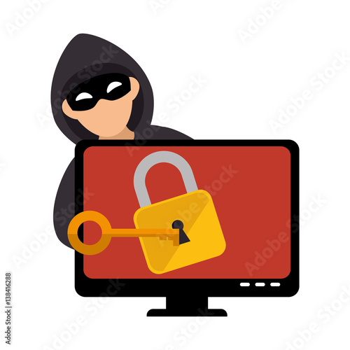 color silhouette with hacker and lcd monitor with padlock vector illustration