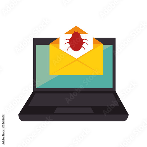 color silhouette with laptop computer and virus mail vector illustration