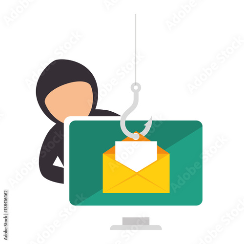 color silhouette with hacker stealing mail information vector illustration