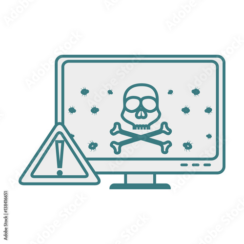 monochrome contour of lcd monitor with virus on screen vector illustration