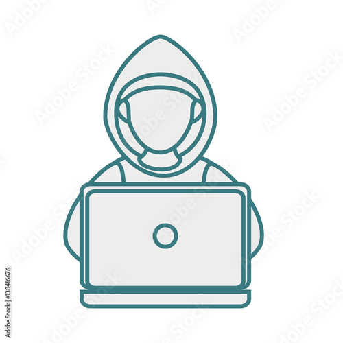monochrome contour with hacker faceless and laptop vector illustration