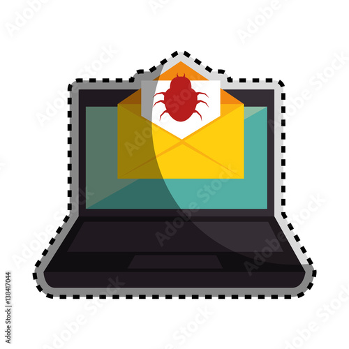 sticker color silhouette with laptop computer and virus mail vector illustration