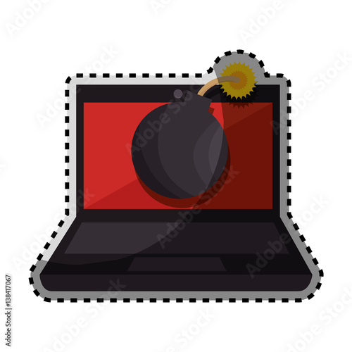 sticker color silhouette of laptop computer with virus bomb on screen vector illustration