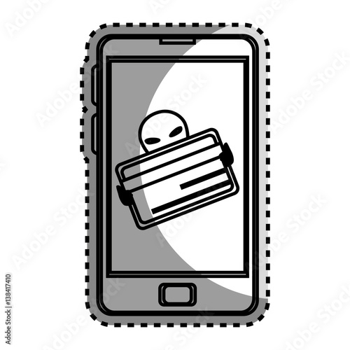 monochrome contour sticker with stealing credit card in cell phone vector illustration