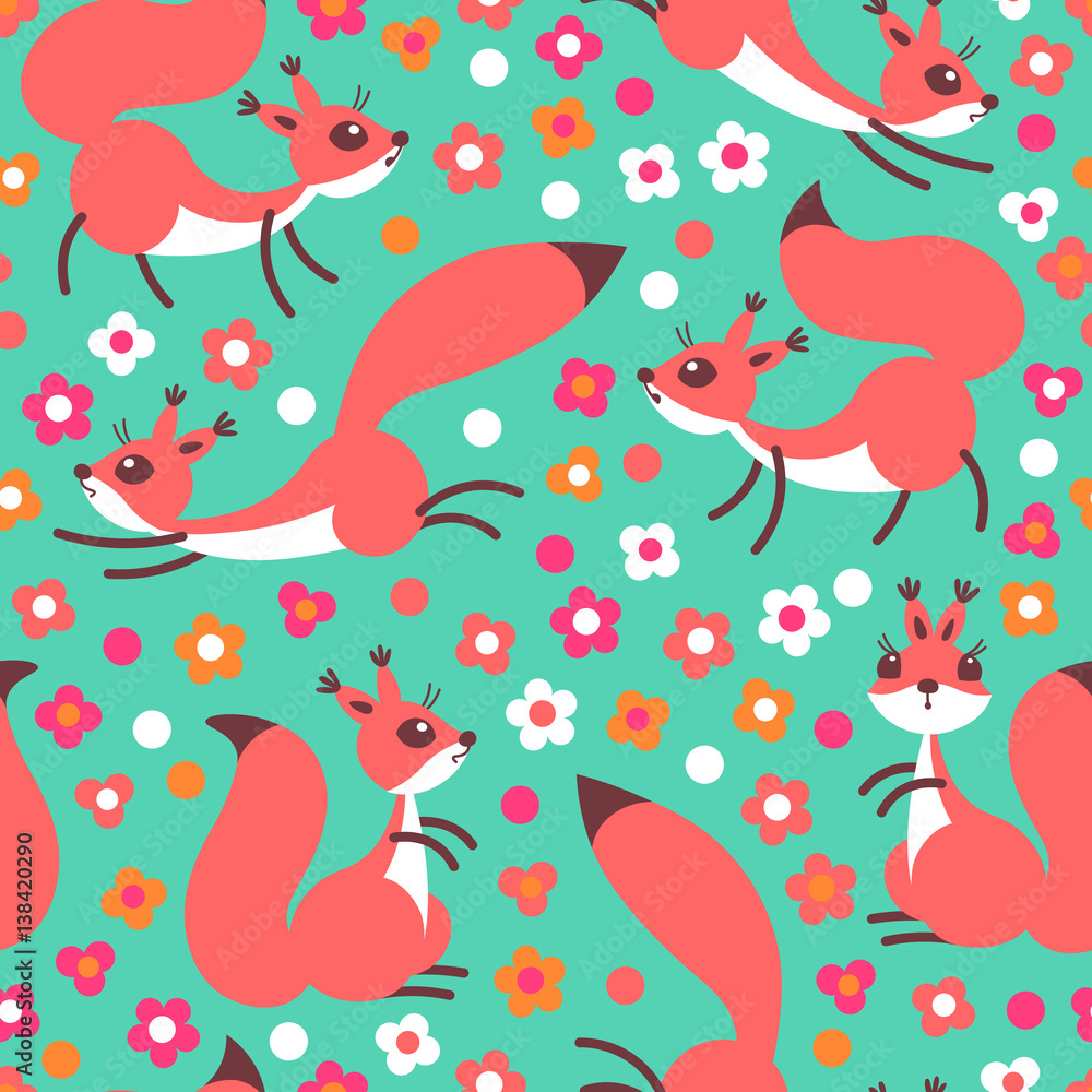 Little cute squirrels on flowers meadow. Seamless spring or summer pattern for gift wrapping, wallpaper, childrens room, clothing.
