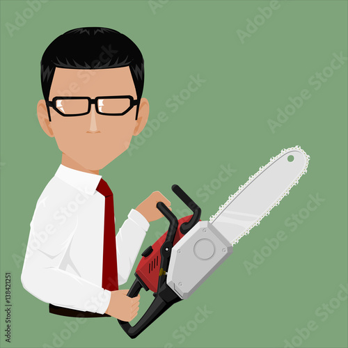 Businessman hold chainsaw icon. He's going  to cut something
