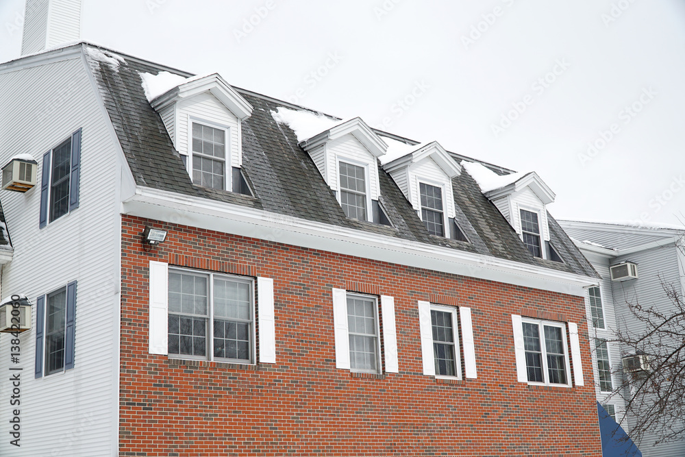 close up on old apartment building in winter