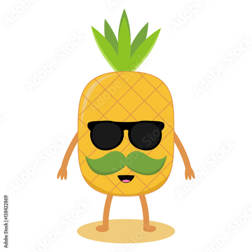 Cartoon pineapple with a mustache and sunglasses on white background