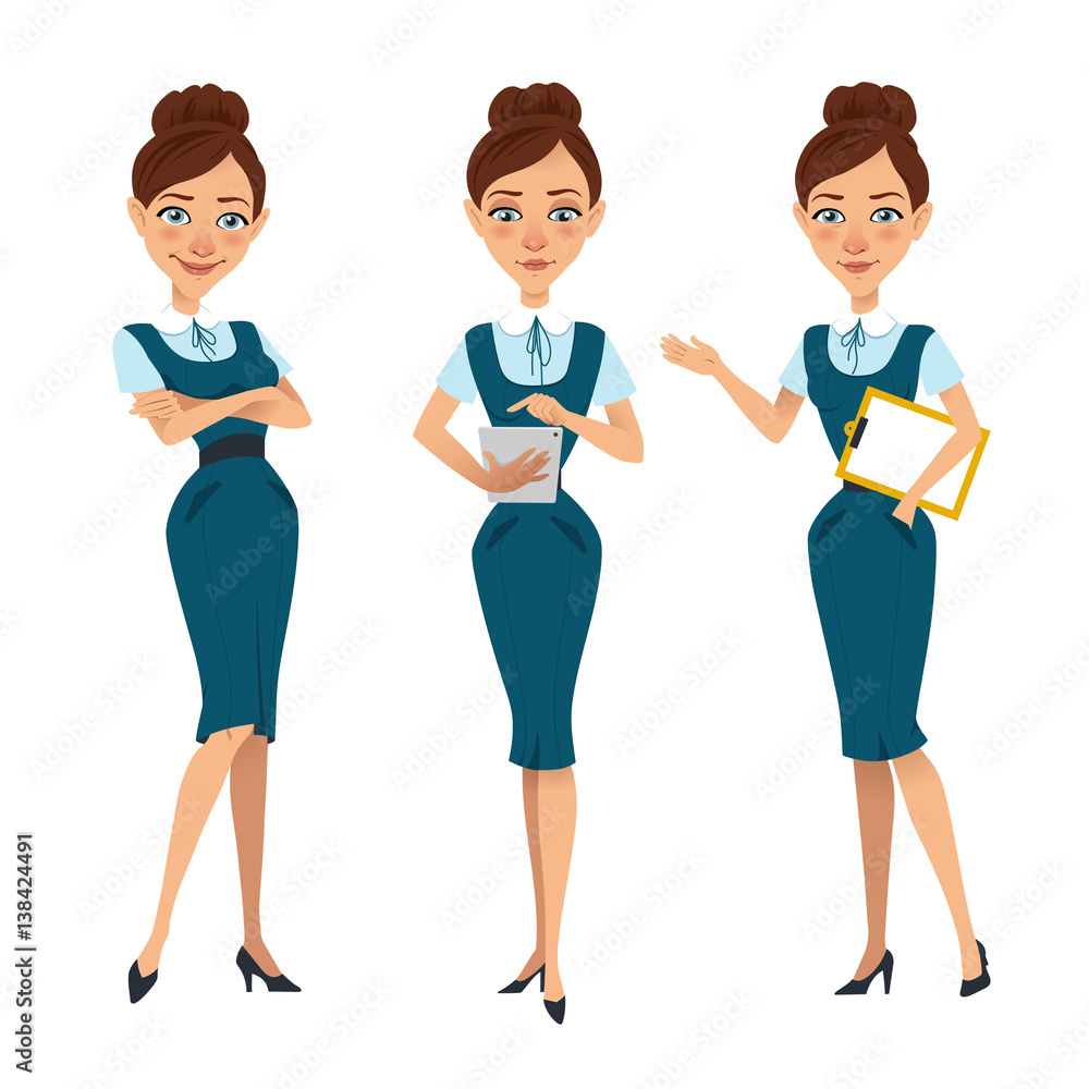 Set of business woman characters poses. Woman stands with hands clasped. Woman holds tablet and woman works on tablet Set of business woman characters poses. Woman stands with hands clasped. Woman holds tablet and woman works on tablet