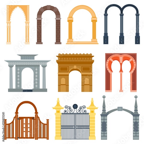 Arch design architecture construction frame classic, column structure gate door facade and gateway building ancient construction vector illustration. photo