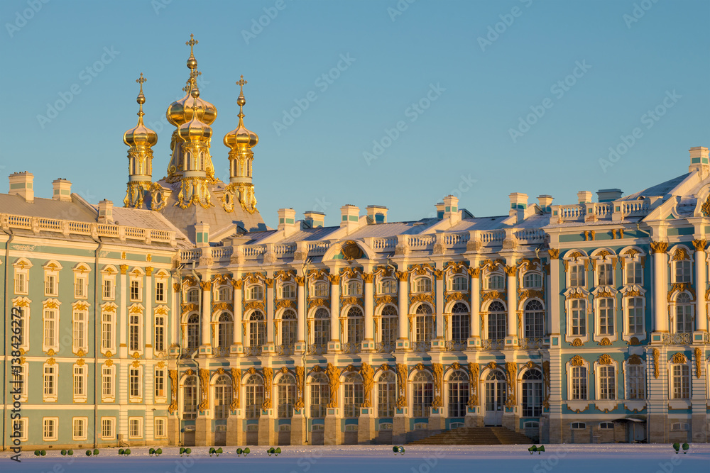 Catherine Palace in the late afternoon sunlight. February evening in Tsarskoe Selo, Russia
