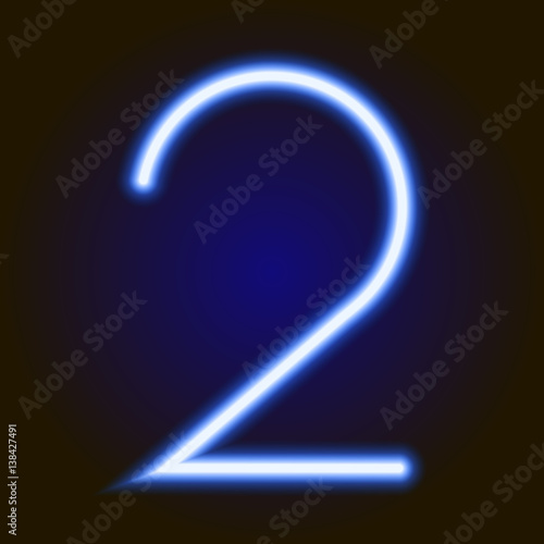 single light blue neon numeral 2 of vector illustration