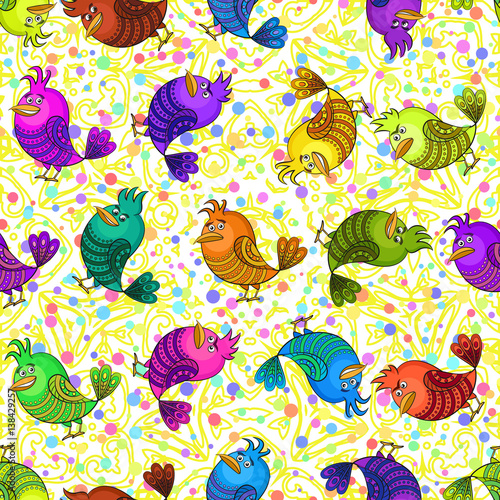Seamless Background with Funny Colorful Birds, Cute Cartoon Characters of Different Colors and Moods, Sad, Angry, Cheerful and Insidious, Tile Pattern for your Design. Vector