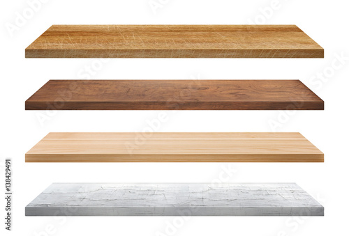Wooden Shelves collection isolated on white background.
