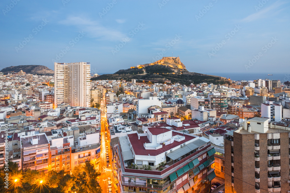 Panoramic view of Alicante at the sunset, Costa Blanca, Valencia province. Spain.