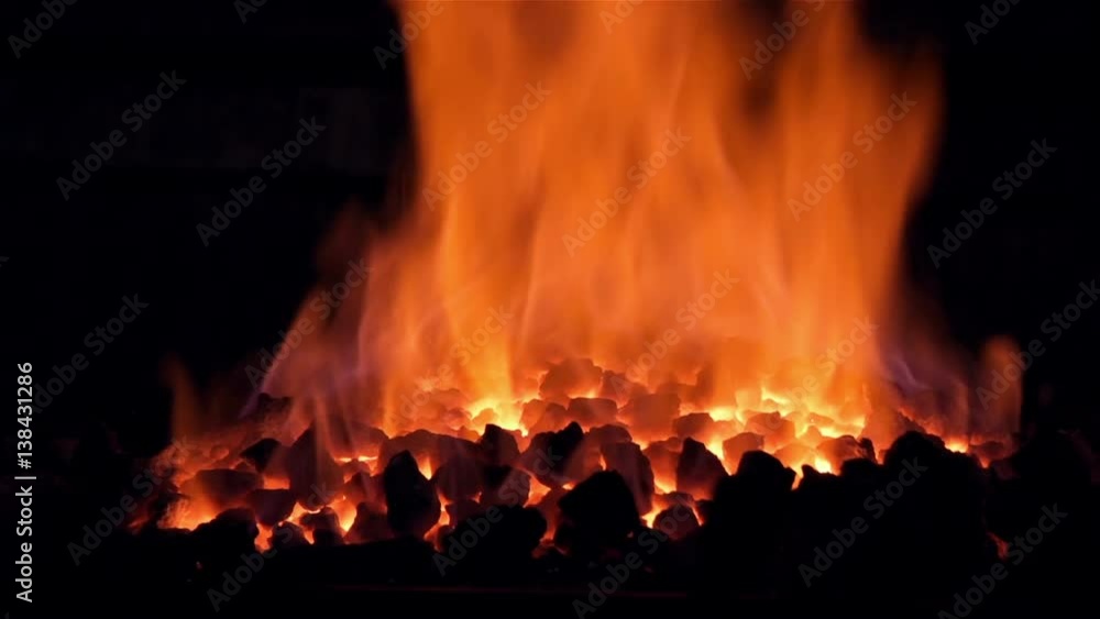 Fire in forge at metallurgy plant. Close up. Man working at the forge. Worker heavy metallurgy Fire in forge at metallurgy plant. Close up. Man working at the forge. Worker heavy metallurgy