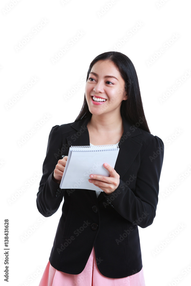 Businesswoman talking with some body and holding note paper, on white background. Businesswoman talking with some body and holding note paper, on white background.