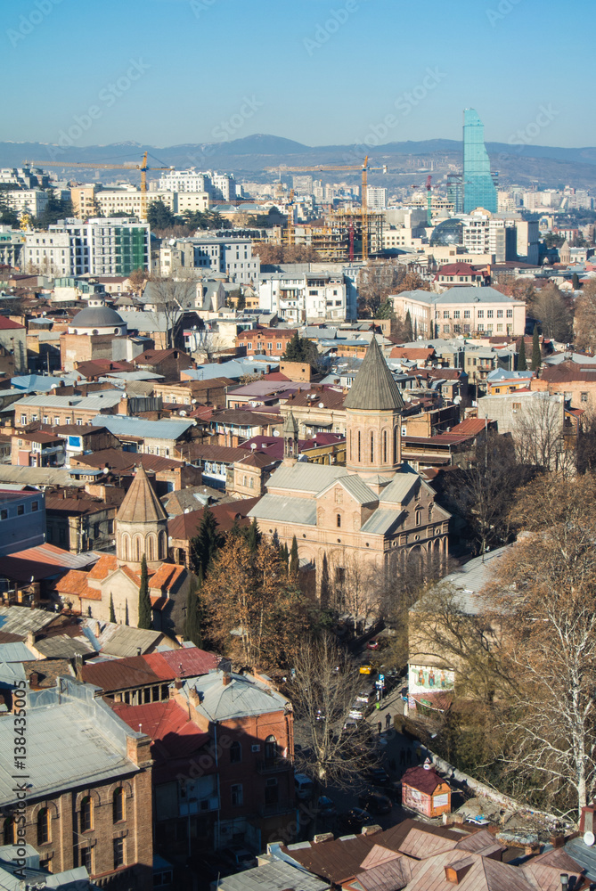 TBILISI, GEORGIA - JANUARY 5, 2017: A view to Tbilisi old town and a cableway over the city, Georgia.