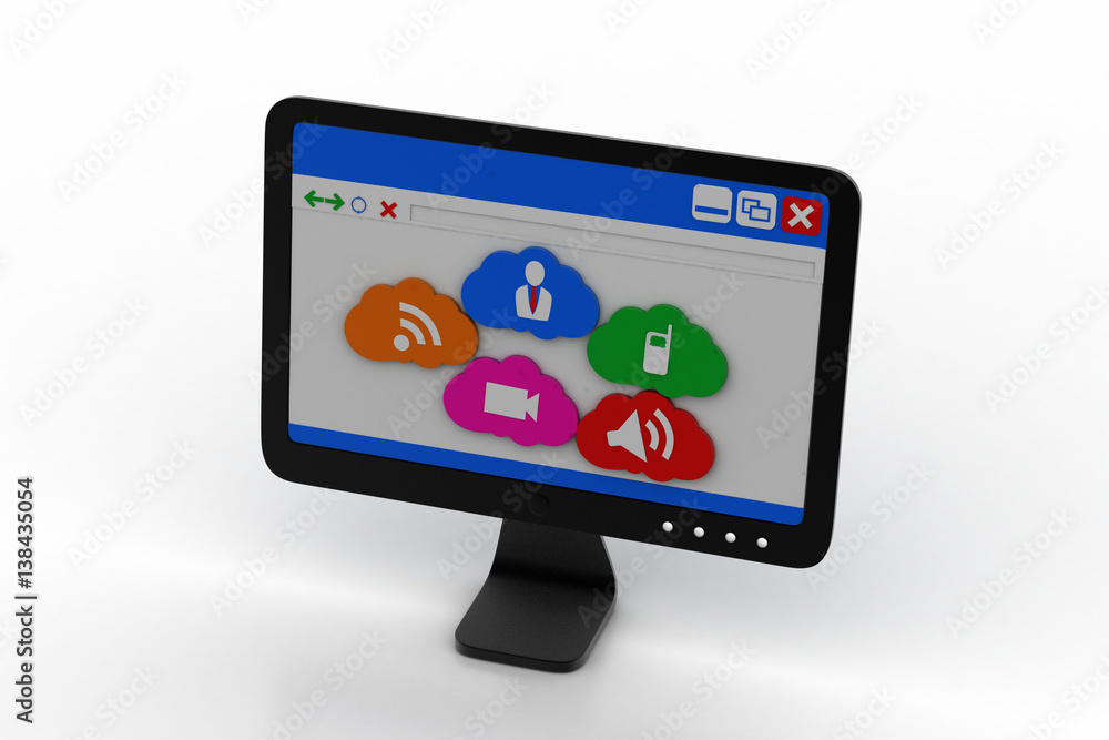 Computer monitor showing social media icons Computer monitor showing social media icons
