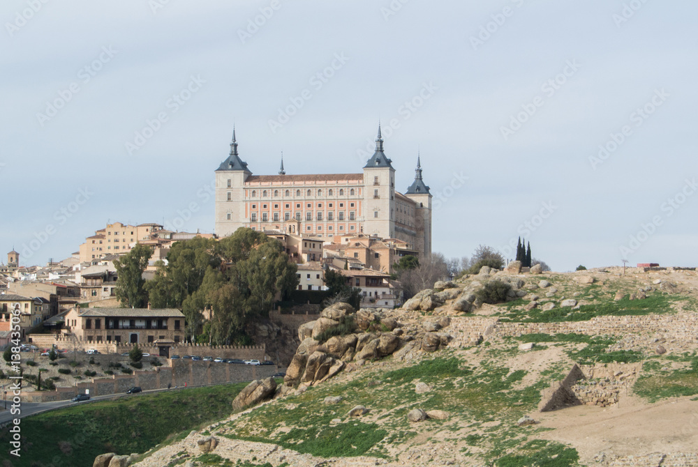 A view from a mountain to a castle of Toledo and old town (UNESCO heritage), Castilla-La Mancha, Spain.