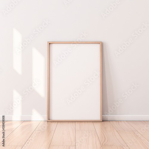 Poster with Wooden Frame Mockup standing on the floor. 3d rendering