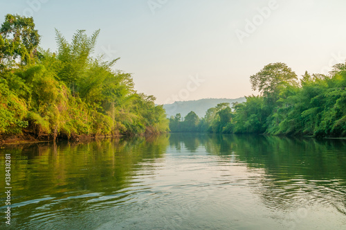 View of Khwae Yai river and trees from a floating raft at Kanchanaburi  Thailand
