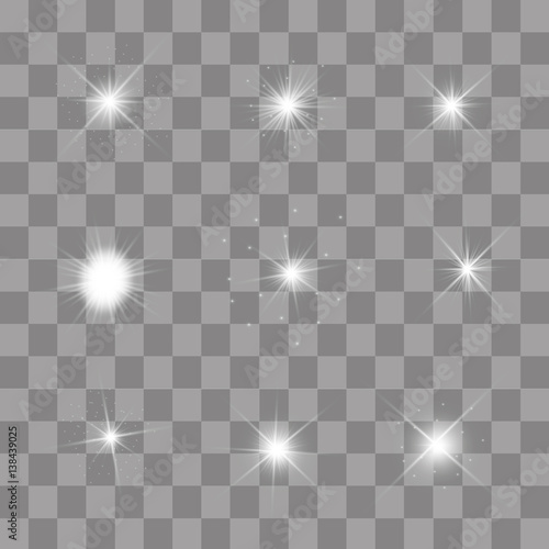 Set of Vector glowing light effect stars bursts with sparkles on transparent background. Transparent stars.
