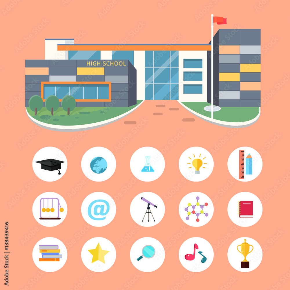 Set of School Icons. Building Book Devices. Vector
