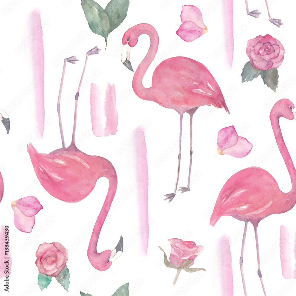 Fototapeta premium Watercolor seamless pattern with exotic flamingo, flowers. Summer decoration print for wrapping, wallpaper, fabric