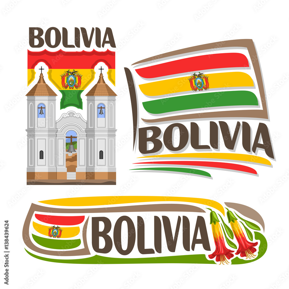 Vector logo Bolivia, 3 isolated images: church of San Felipe Neri in Sucre on background national state Flag, architecture symbol of Bolivian State, simple flag bolivia near bolivian kantuta flowers. Vector logo Bolivia, 3 isolated images: church of San Felipe Neri in Sucre on background national state Flag, architecture symbol of Bolivian State, simple flag bolivia near bolivian kantuta flowers.