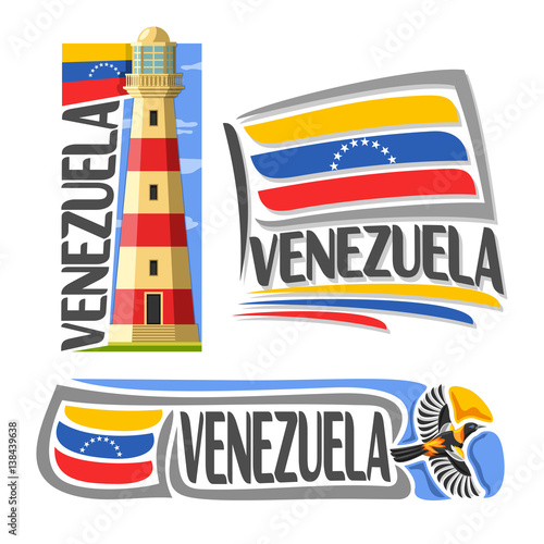 Vector logo Venezuela, 3 isolated images: isla margarita lighthouse on background national state Flag, architecture symbol of Venezuelan Republic, simple flag venezuela near flying venezuelan troupial photo
