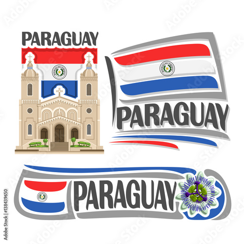 Vector logo Paraguay  3 isolated images  Catedral Nuestra Senora in Encarnacion on national state Paraguayan Flag  architecture symbol of paraguayan republic  simple flag paraguay near passion flower.