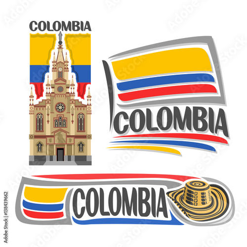 Vector logo Colombia, 3 isolated images: Jesus Nazareno church in Medellin on background colombian national state flag, symbol of Colombian Republic - hat sombrero vueltiao, flags of colombia country.