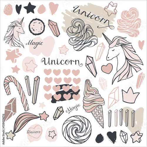 Hand drawn icons unicorns, crystals and sweets set on a white background. Hand drawn magic objects.