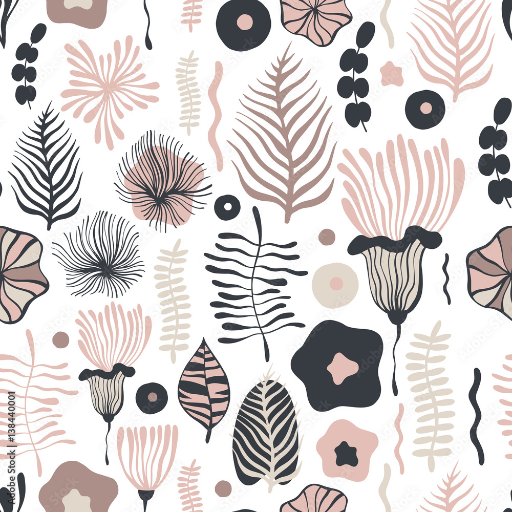Fototapeta Wektorowy kwiatu wzór. Bezszwowa botaniczna tekstura, szczegółowe kwiat ilustracje. Może być stosowany do tapet, tła strony internetowej, tekstur powierzchni ...