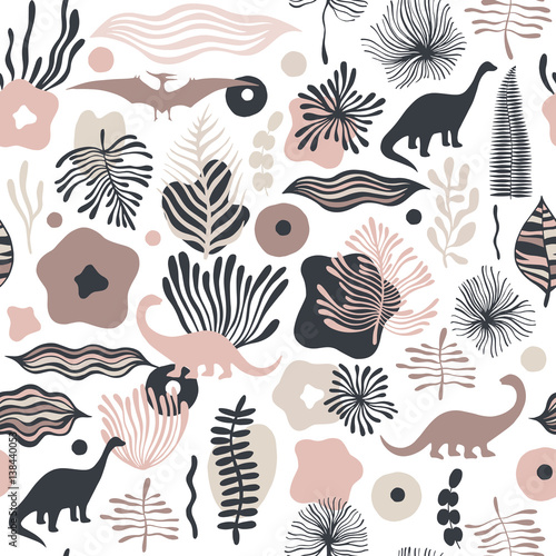 Vector seamless pattern with fantastic flowers and dinosaurs. Can be used for wallpaper  web page background  surface textures.