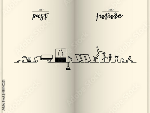 mono line illustration vector of home electricity renewable energy power system consist of renewable energy wind turbine, solar cell, transmission tower, house and electric vehicle versus fuel energy