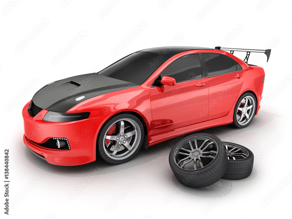 Red sport car and wheel Red sport car and wheel