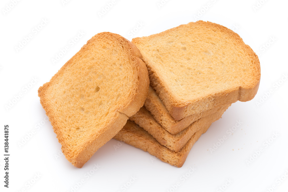 Slices of toast bread on wooden table, top view.