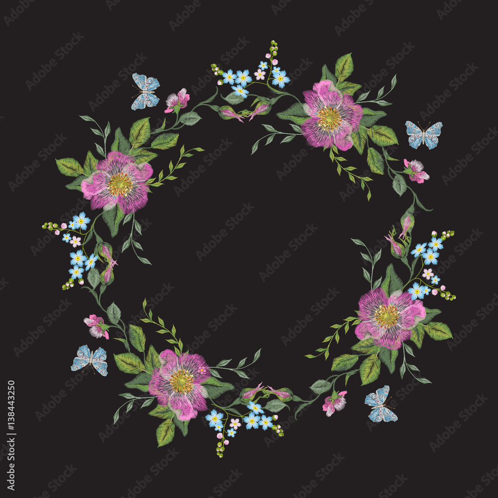 Embroidery wreath of flowers. Vector traditional folk floral pattern with dog roses and blue butterflies on black background for design.