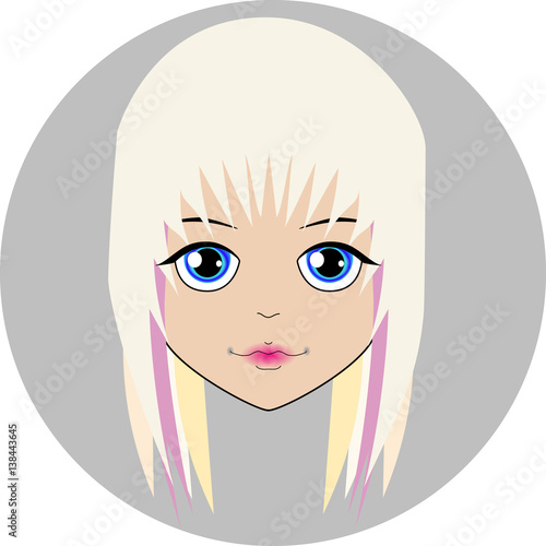 cheerful doll's face with blond short  hair and big blue eyes